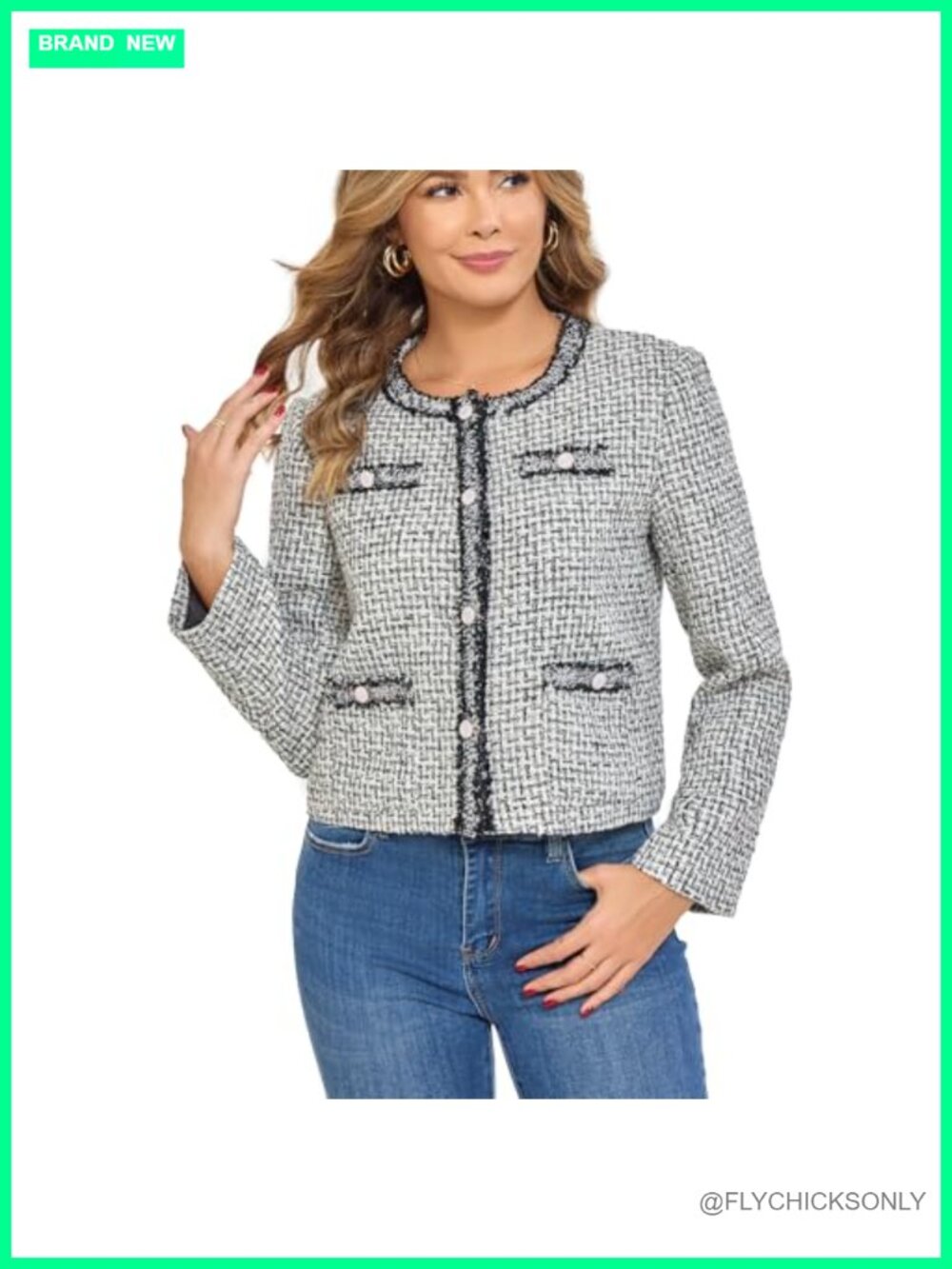 Cropped Tweed Blazer Long Sleeve Crewneck Open Front Lace Trim Lightweight - Picture 4 of 6